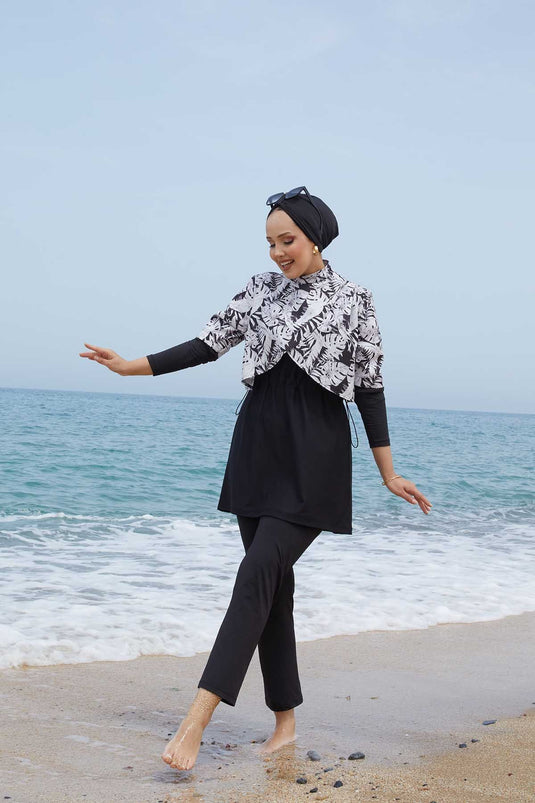 Allerli Patterned Hijab Swimsuit Black
