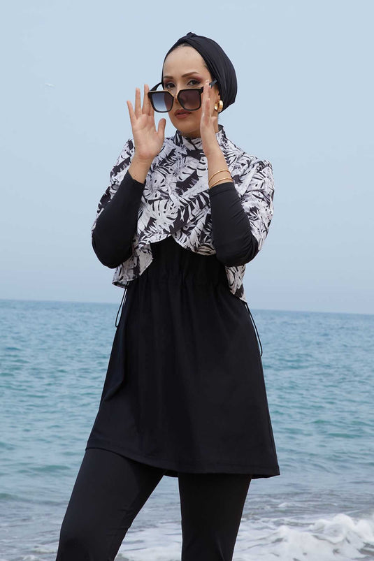 Allerli Patterned Hijab Swimsuit Black