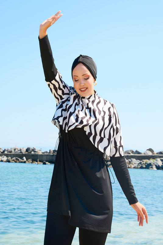 Maillot de bain hijab à motifs Allerli noir et blanc