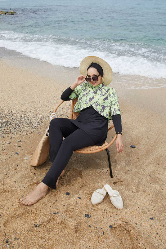 Allerli Patterned Modest Swimsuit Oil Green