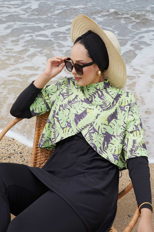 Allerli Patterned Modest Swimsuit Oil Green