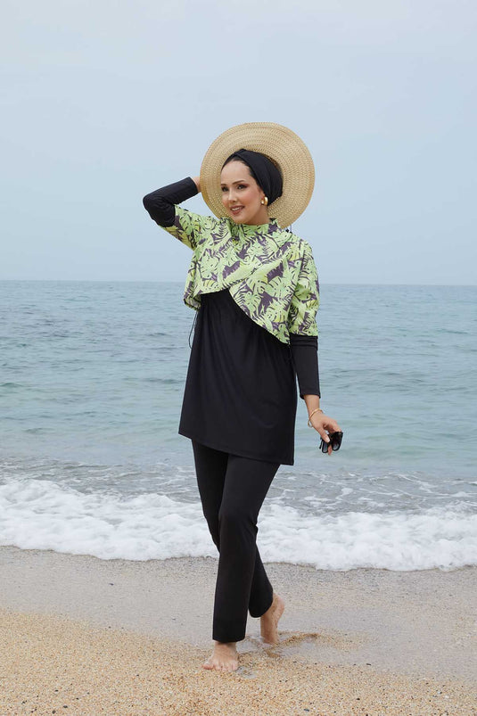Allerli Patterned Modest Swimsuit Oil Green