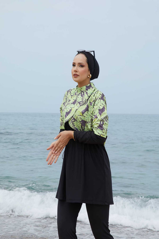 Allerli Patterned Modest Swimsuit Oil Green