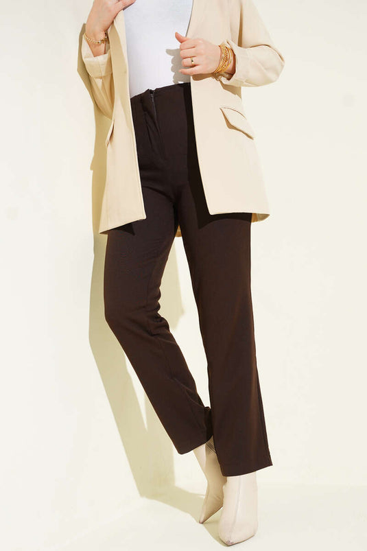 بنطال ضيق الساق مخطط مكواة بني داكن