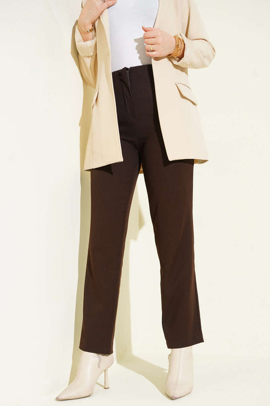 بنطال ضيق الساق مخطط مكواة بني داكن