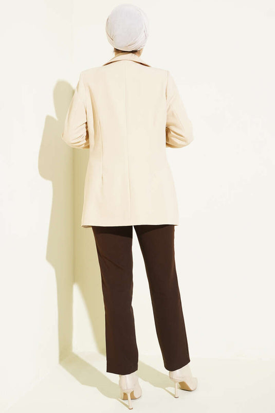 بنطال ضيق الساق مخطط مكواة بني داكن