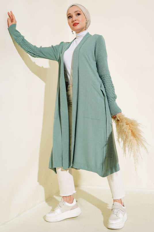 Cardigan long à manches raglan avec cordon de serrage, couleur vert pistache