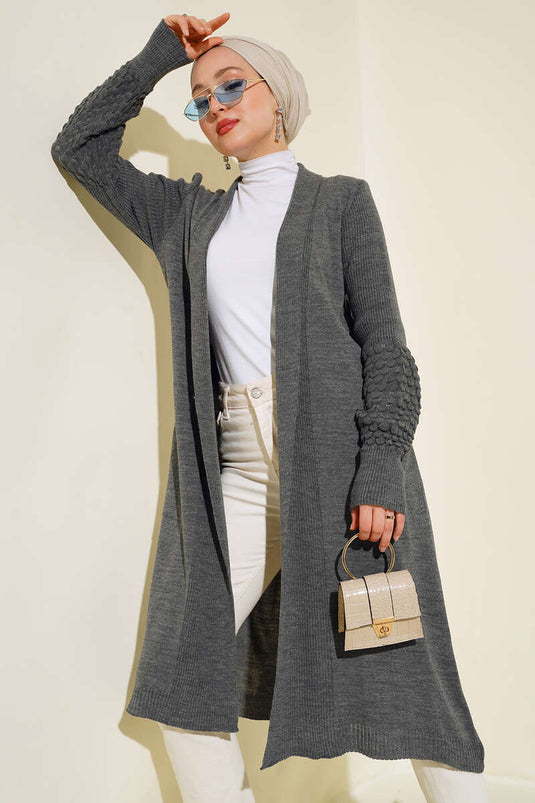 Cardigan long à manches longues avec cordon de serrage à la taille, couleur fumée