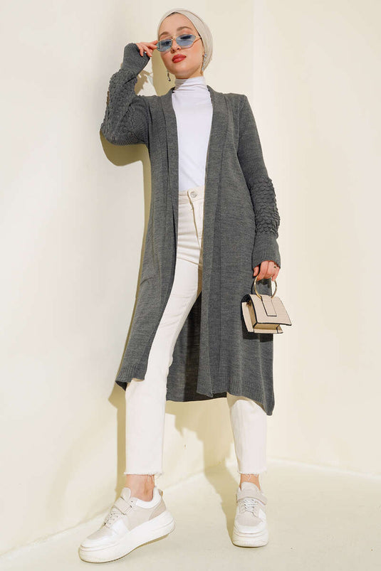 Cardigan long à manches longues avec cordon de serrage à la taille, couleur fumée