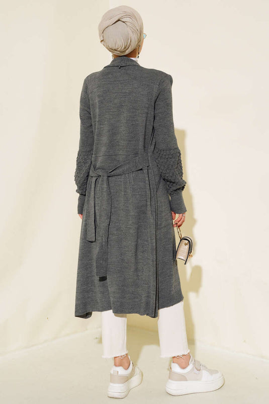 Cardigan long à manches longues avec cordon de serrage à la taille, couleur fumée