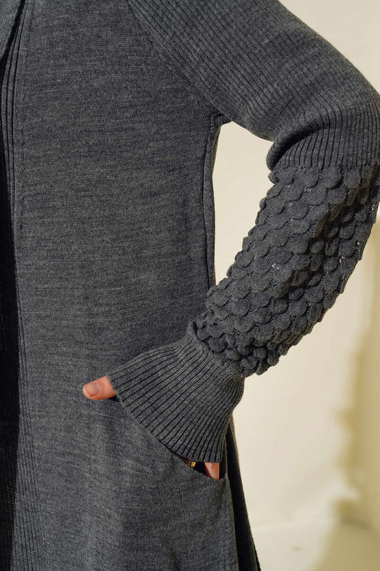 Cardigan long à manches longues avec cordon de serrage à la taille, couleur fumée