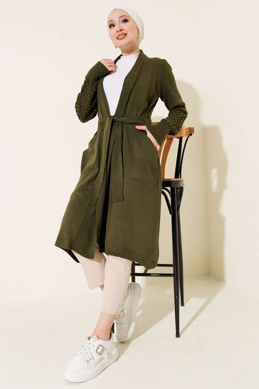 Cardigan long kaki à manches longues avec lacets en tissu de vigne