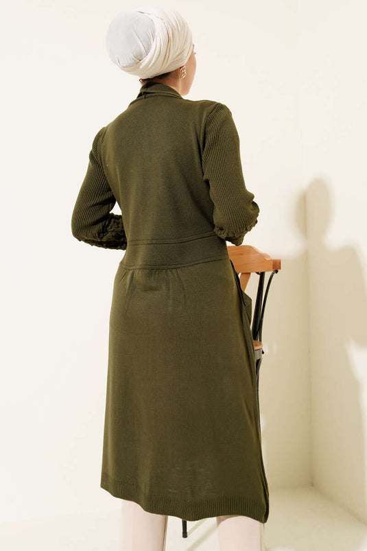 Cardigan long kaki à manches longues avec lacets en tissu de vigne