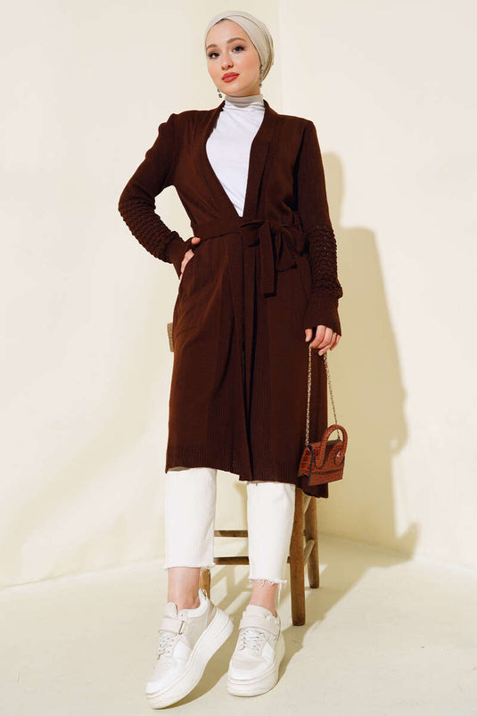 Cardigan long à manches longues avec cordon de serrage, couleur café