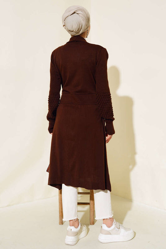 Cardigan long à manches longues avec cordon de serrage, couleur café