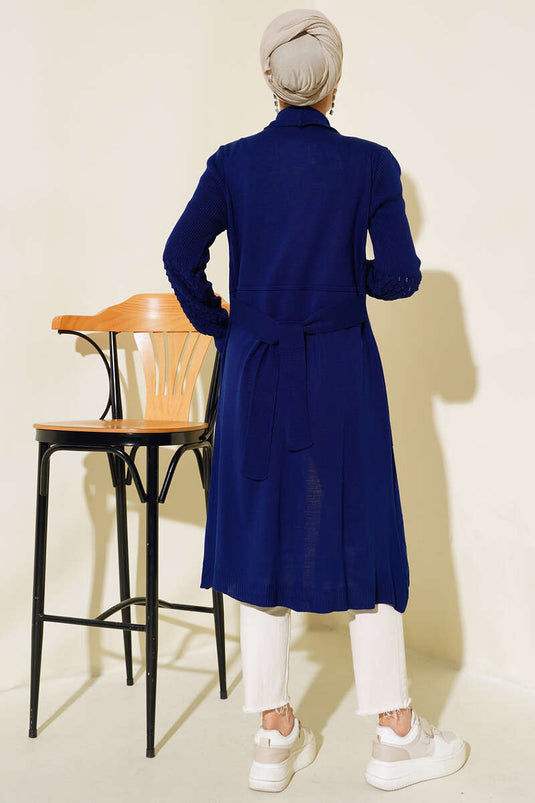 Gilet long bleu marine à manches longues avec cordons au poignet