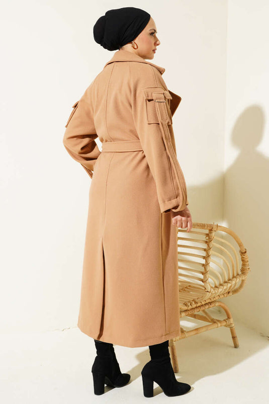 Uzun Apoletli Kaşe Kaban Camel