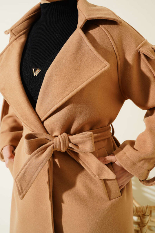 Uzun Apoletli Kaşe Kaban Camel