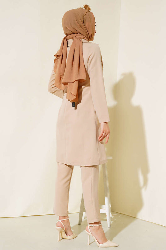 Uzun Ceket İkili Takım Bej