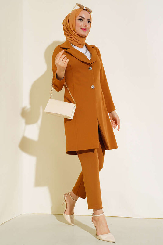 Long Jacket Two Piece Suit Tan