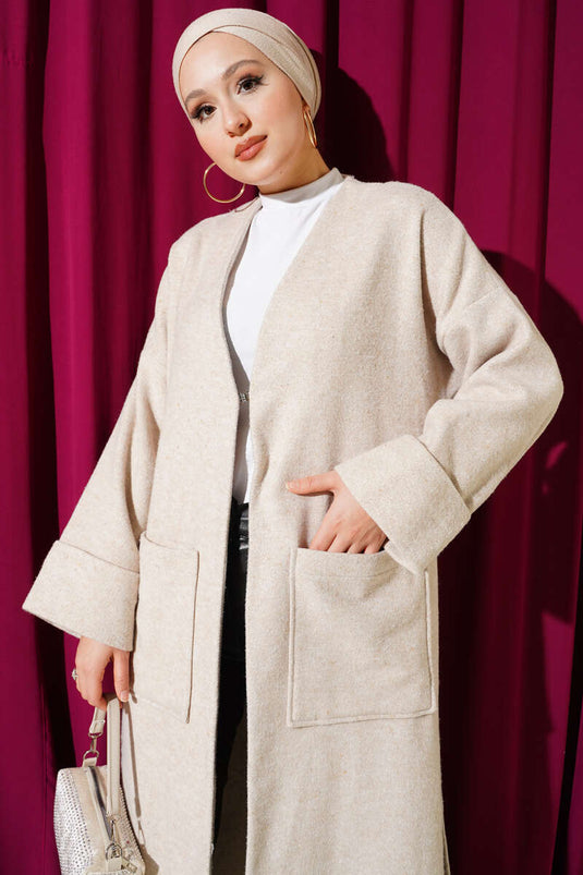 معطف كشمير طويل الجيوب، بيج