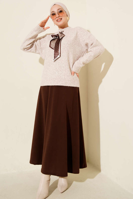 Pull en maille à longue écharpe beige