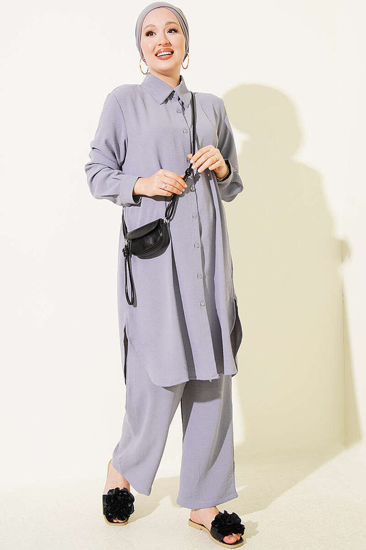 Long Shirt Basic Two-Piece Set Grey