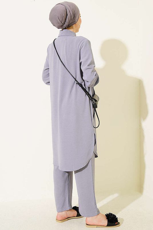 Long Shirt Basic Two-Piece Set Grey
