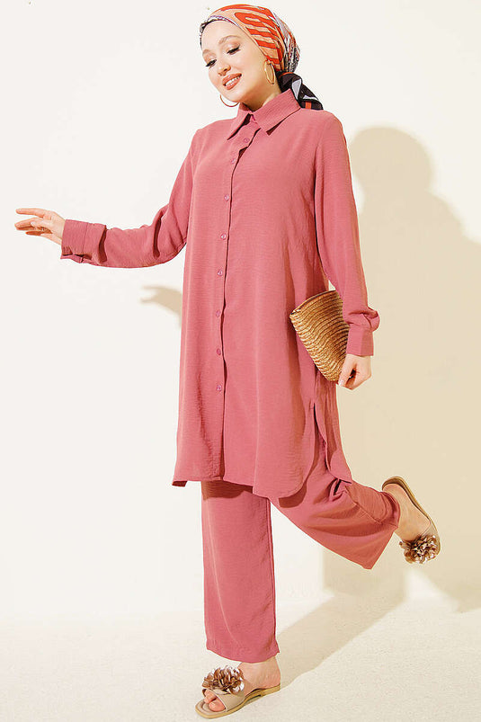 Long Shirt Basic Two-Piece Set In Rose Beige