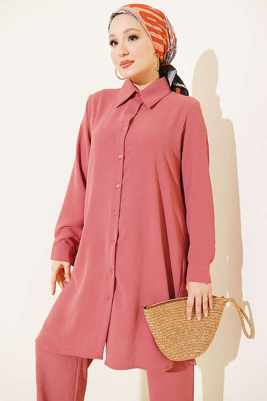 Long Shirt Basic Two-Piece Set In Rose Beige