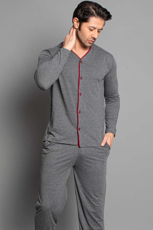 Ensemble pyjama homme à manches longues et boutons, couleur bordeaux fumé