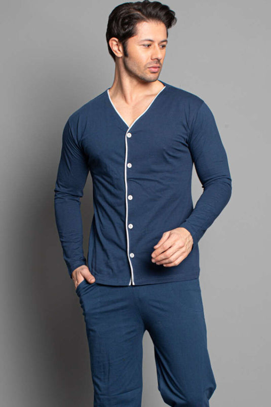Ensemble pyjama homme à manches longues et boutons, gris indigo