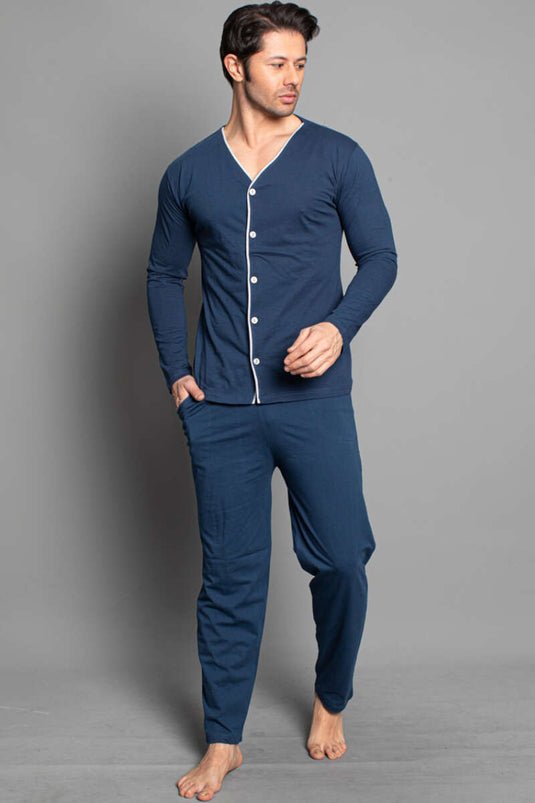 Ensemble pyjama homme à manches longues et boutons, gris indigo