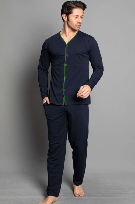 Ensemble pyjama homme à manches longues et boutons, bleu marine et kaki