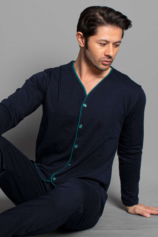 Ensemble pyjama homme à manches longues et boutons, bleu marine et vert