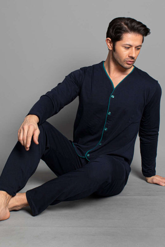 Ensemble pyjama homme à manches longues et boutons, bleu marine et vert