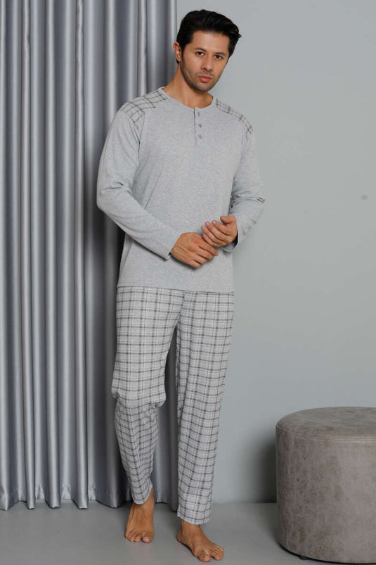 Uzun Kol Ekose Desen Erkek Pijama Takım Gri