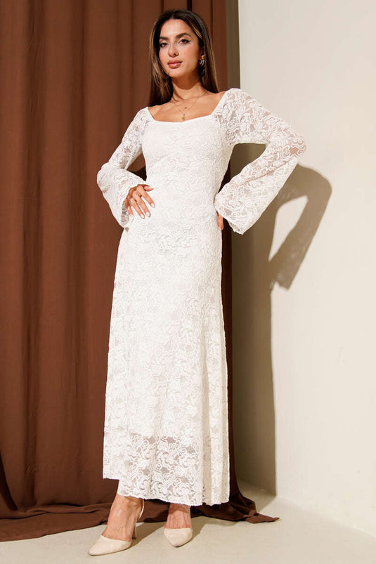 فستان ميدي من الدانتيل بأكمام طويلة، لون بيج فاتح