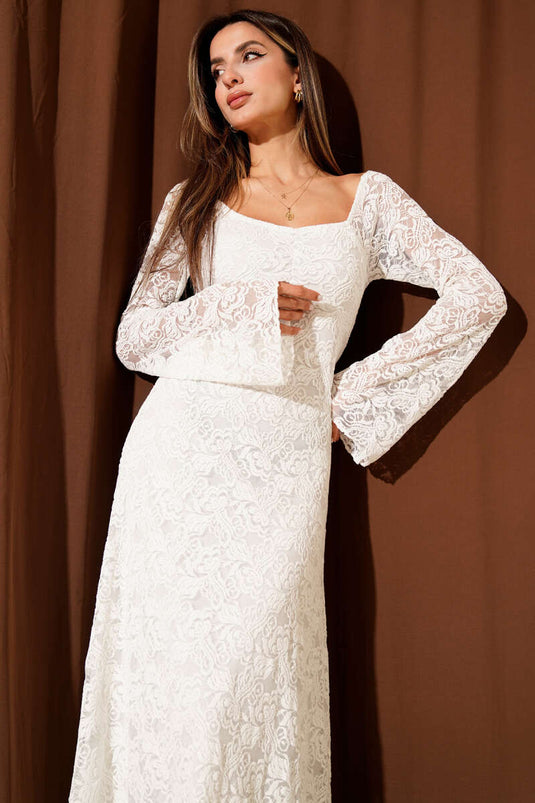 فستان ميدي من الدانتيل بأكمام طويلة، لون بيج فاتح