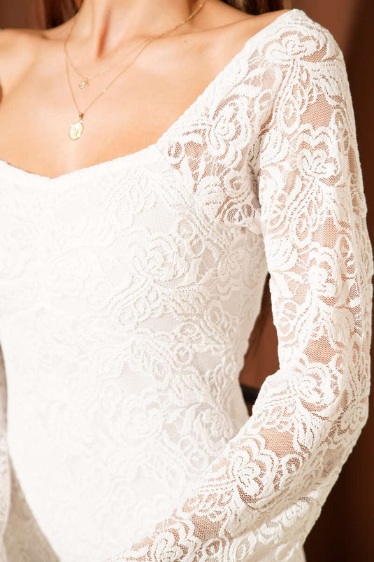 فستان ميدي من الدانتيل بأكمام طويلة، لون بيج فاتح