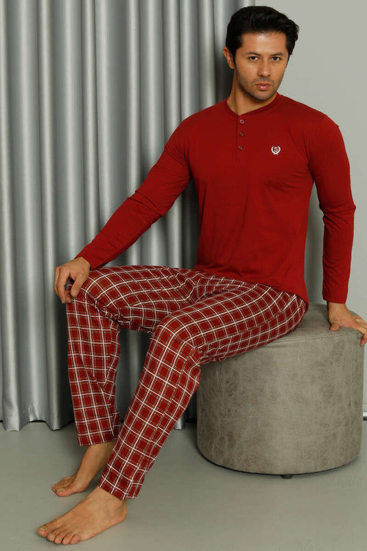 Uzun Kollu Düğmeli Ekoseli Erkek Pijama Takım Bordo