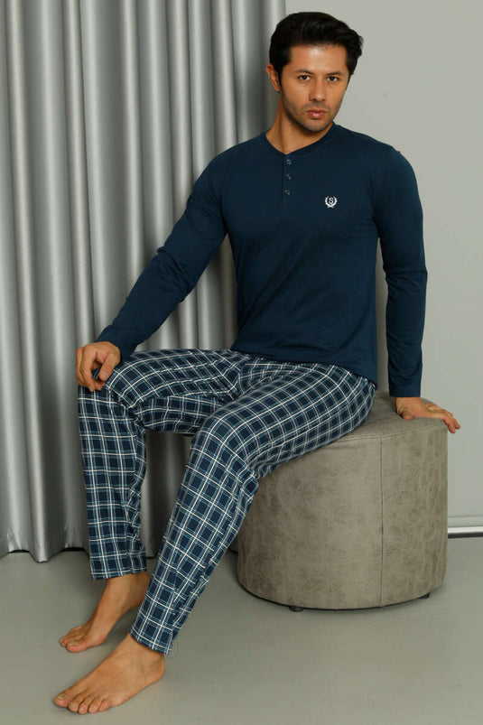 Uzun Kollu Düğmeli Ekoseli Erkek Pijama Takım İndigo