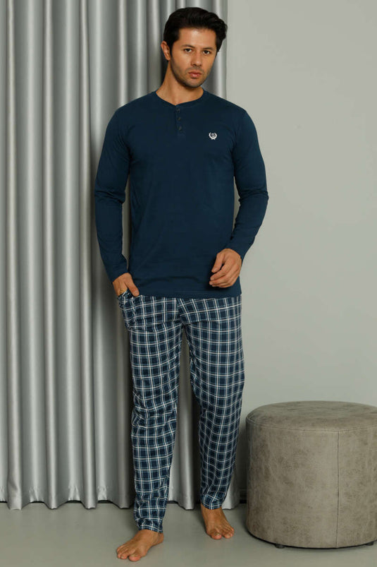 Uzun Kollu Düğmeli Ekoseli Erkek Pijama Takım İndigo