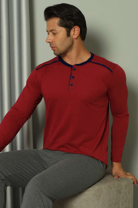 Long-Sleeved Buttoned Men's Nightwear Set Burgundy
