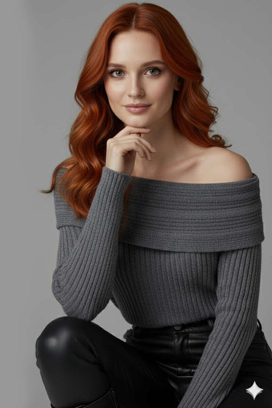 كنزة صوفية بأكمام طويلة وياقة مادونا، رمادي داكن