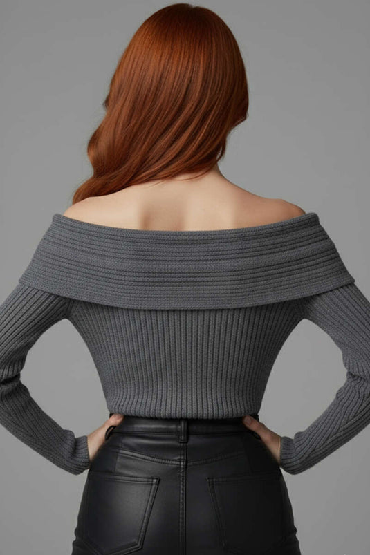 كنزة صوفية بأكمام طويلة وياقة مادونا، رمادي داكن