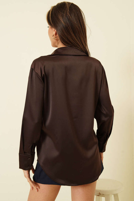 Uzun Kollu Saten Gömlek Acı Kahve