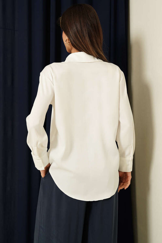 Uzun Kollu Saten Gömlek Ekru