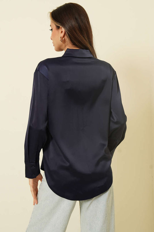 Long-Sleeved Satin Shirt Navy Blue
