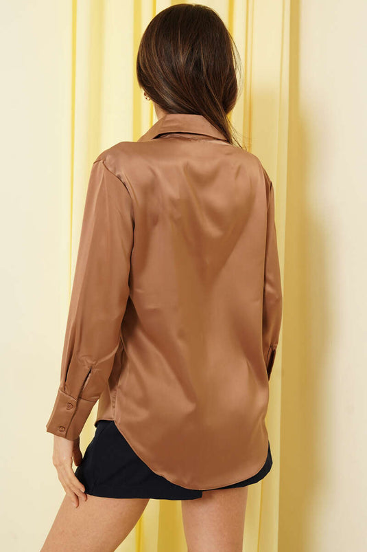 Uzun Kollu Saten Gömlek Latte